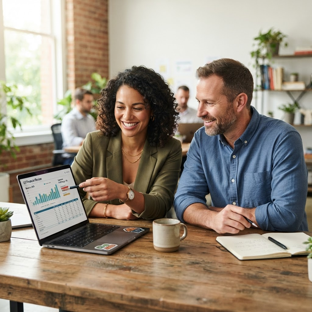 Two business partners reviewing financing options on a laptop